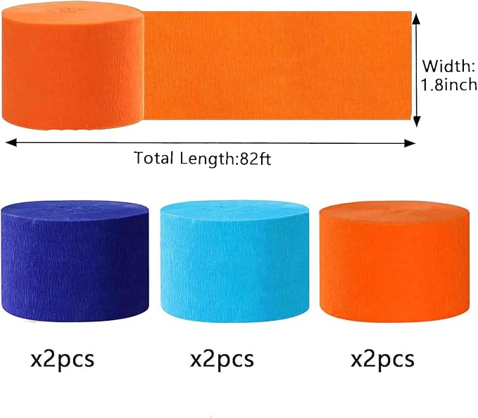 We Moment Blue and Orange Crepe Paper Streamers 6 Rolls, Party Streamers for Birthday Party Decorations(1.8Inch x 82Ft/Roll)
