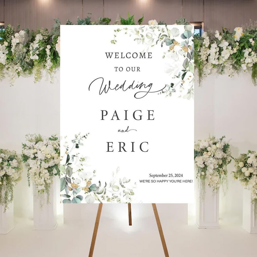 Welcome To Our Wedding Sign, Personalized Wedding Welcome Sign, Green Floral Wedding Welcome Sign Printed, Eucalyptus Floral Mr And Mrs Sign For Wedding, Welcome Wedding Sign With Stand