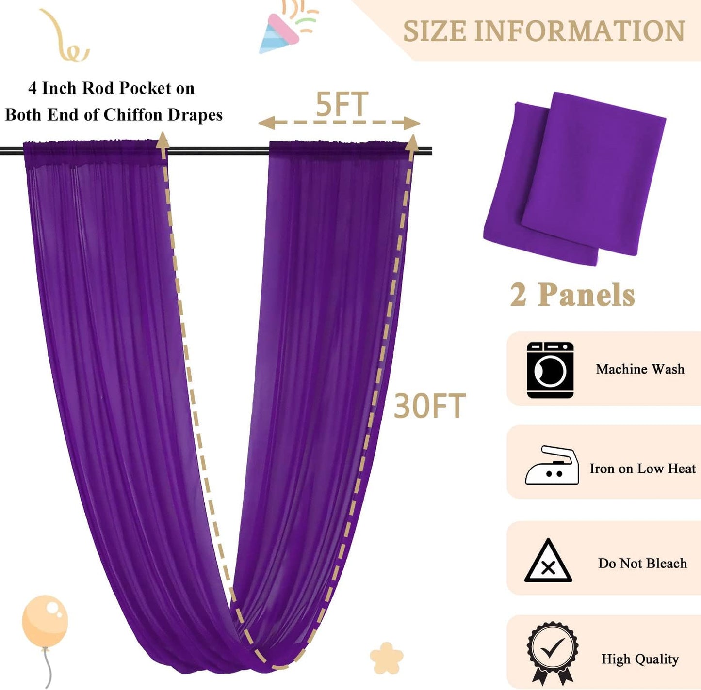 MODFUNS Wedding Ceiling Drapery Purple 5x30FT 2 Panels Sheer Wedding Arch Drapes Chiffon Fabric Ceiling Curtains Drapes for Party Tulle Backdrop Curtains Birthday Banquet Arch Draping