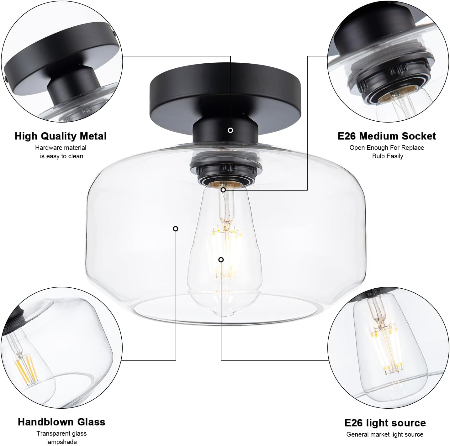 Black Flush Mount Ceiling Light - Modern Glass Semi-Flush Fixture w/LED Bulb - Matte Black Metal for Hallway, Kitchen, Bathroom, Bedroom - Easy Install