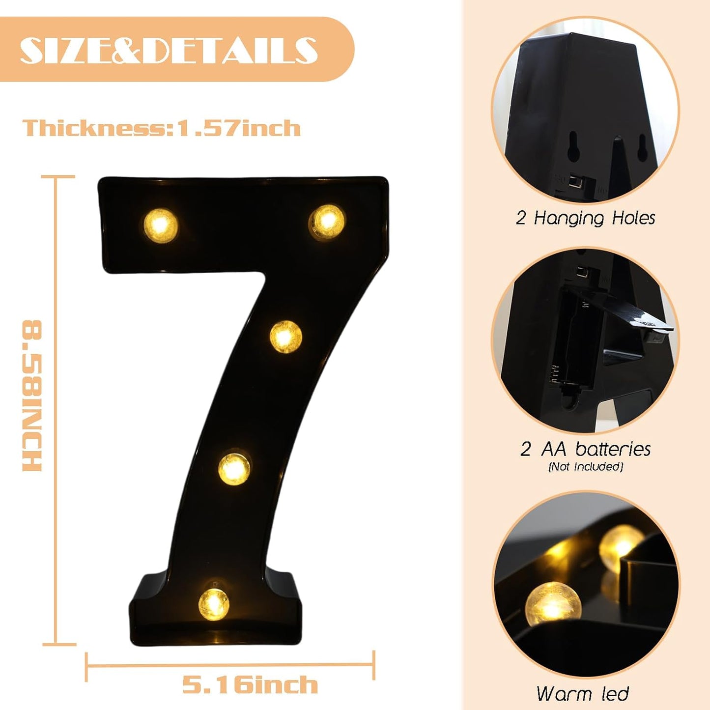 LED Marquee Numbers, 8.58 Inch Led Light Up Numbers for Party, Small Light Up Letters, Battery Powered Lighted Number for Table, Birthday, Night Light, Christmas or Home Decor (Black, Number 7)