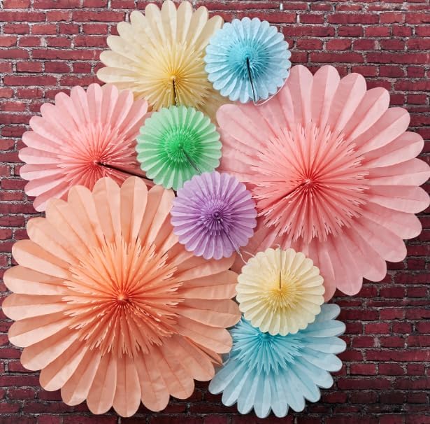 PAPER JAZZ 9pcs Spring Pastel Paper Fans Party Decoration,Paper Flowers Wall Decoration, Rainbow Birthday Party Decorations Tissue Pom Poms for Birthday Wedding Baby Shower Classroom.