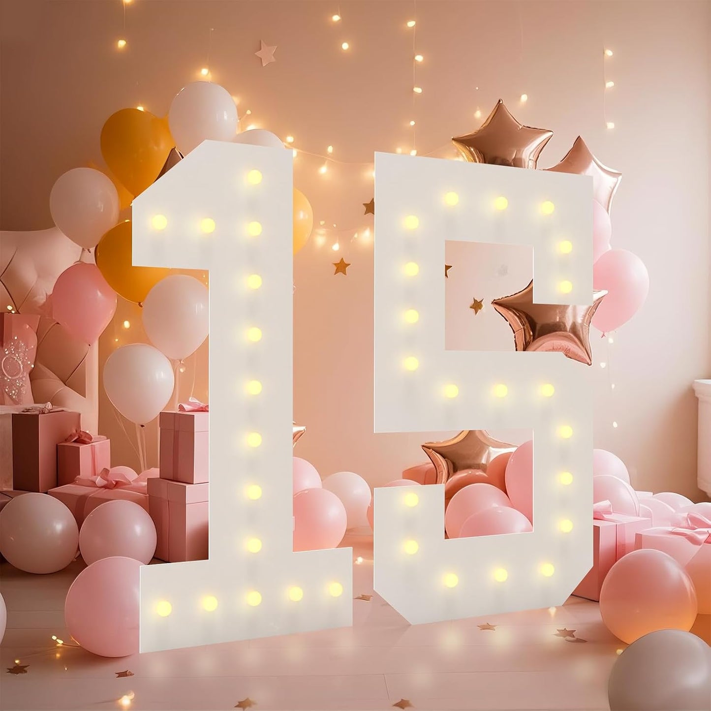 LOBOOM 4FT Light Up Numbers, Marquee Numbers 4 Feet Tall Giant Number 15 Mosaic Big Number Sign for 15th Birthday Party Backdrop Anniversary Decorations, Pre-Cut Large Frame