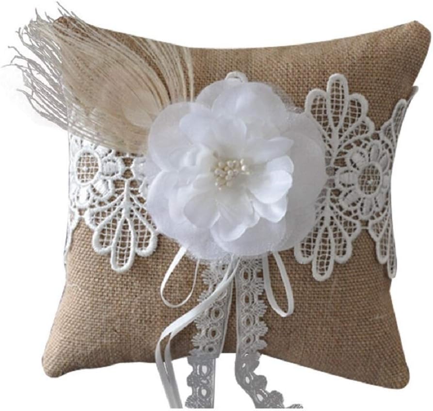 The Crafty Owl 2 Heart Rhinestones Ivory/White/Blue, Red, Purple, Black Trimming Satin Large Wedding Ring Bearer Pillow and Basket Set (Burlap with Lace and Feathers)