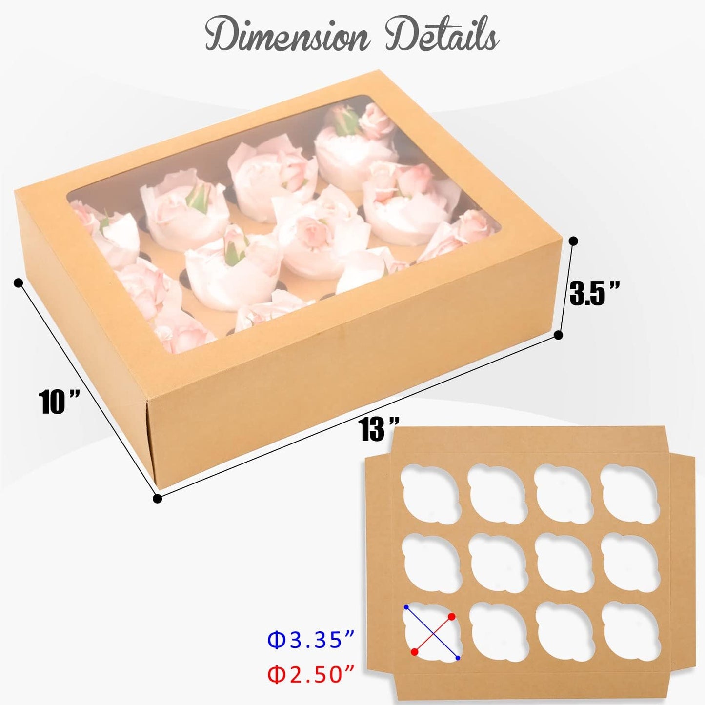 12 Cupcake Containers 20-Packs Brown 12 Count Cupcake Boxes with Window Cupcakes Carrier, 13"x10"x3.5"（Auto-pop up）