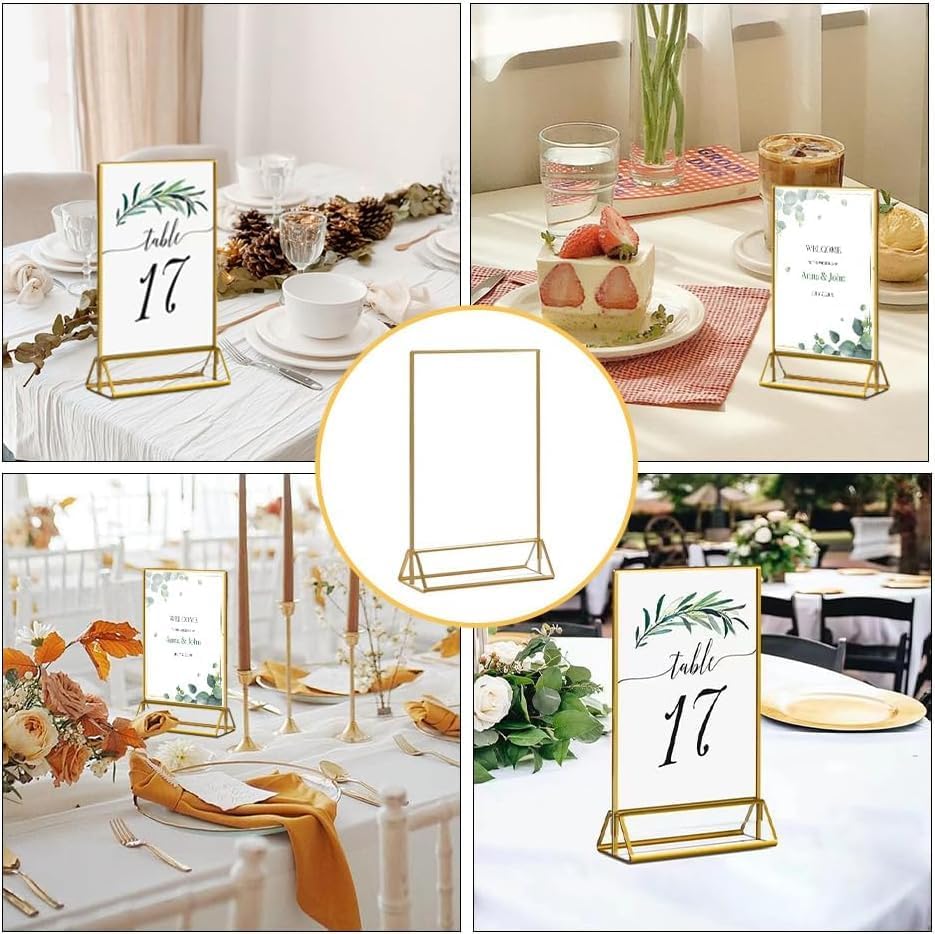 16 Pack Gold Acrylic Sign Holder, 5x7 Inch Picture Frames Wedding Double Sided Display Clear Sign Holders Stand Desktop Table Menu for Wedding Party Restaurant