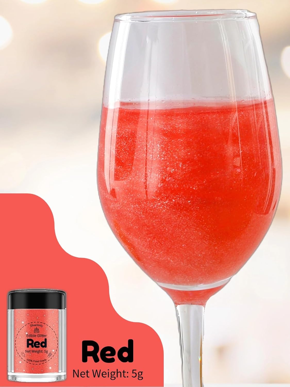Shanlinly Red Edible Glitter for Cakes Drinks - Food Grade 5g Shimmer Luster Glitter Dust Edible Glimmer Powders for Strawberries, Sprinkle on Sparkle, Chocolate, Cookie, Cupcake, Cocktail, Vegan