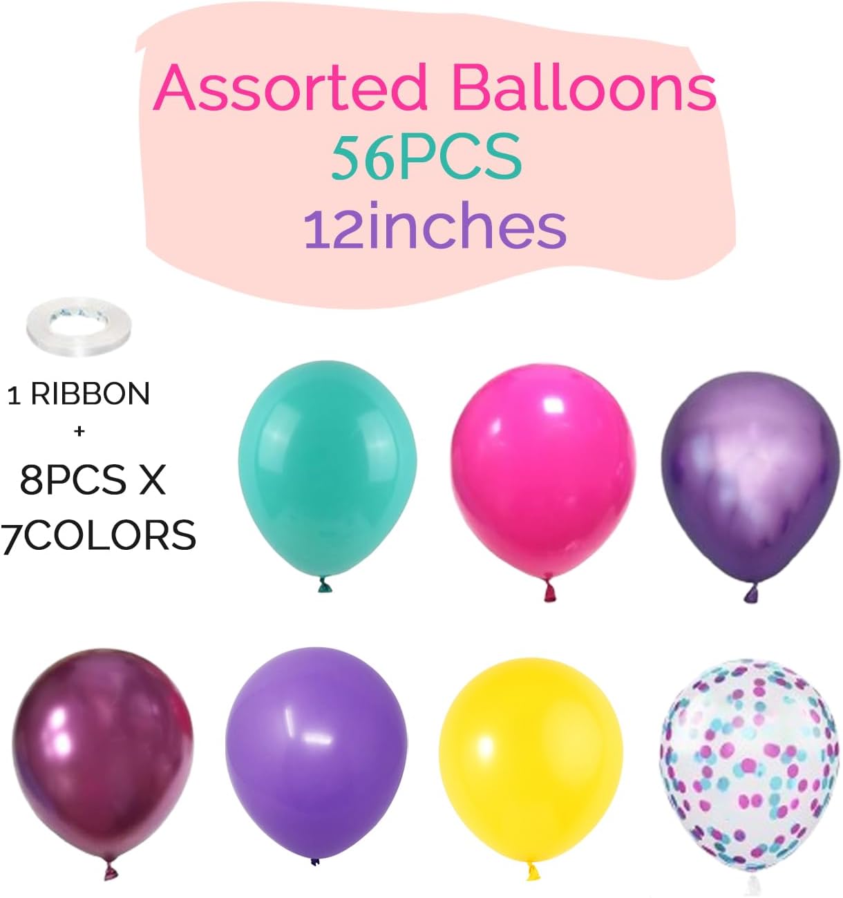 Pink Blue Purple Confetti Balloon for Birthday Party Decorations - 56Pcs 12in Hot Pink Yellow Teal Metallic Purple Multicolor Latex Balloons Bulk with Ribbon for Rainbow Colorful Girls Party Supplies