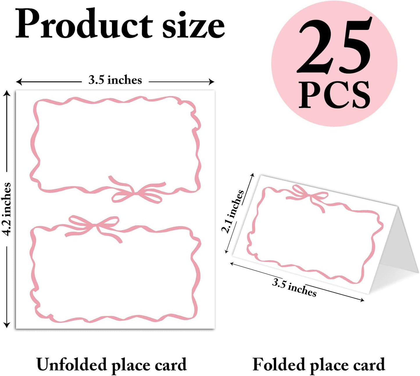 25 Pack Pink Bow Wave Place Cards, Editable Name Cards for Table Setting, Tent Cards Food Label for Dinner Party, Bridal Shower, Wedding, Baby Shower and Events -T14