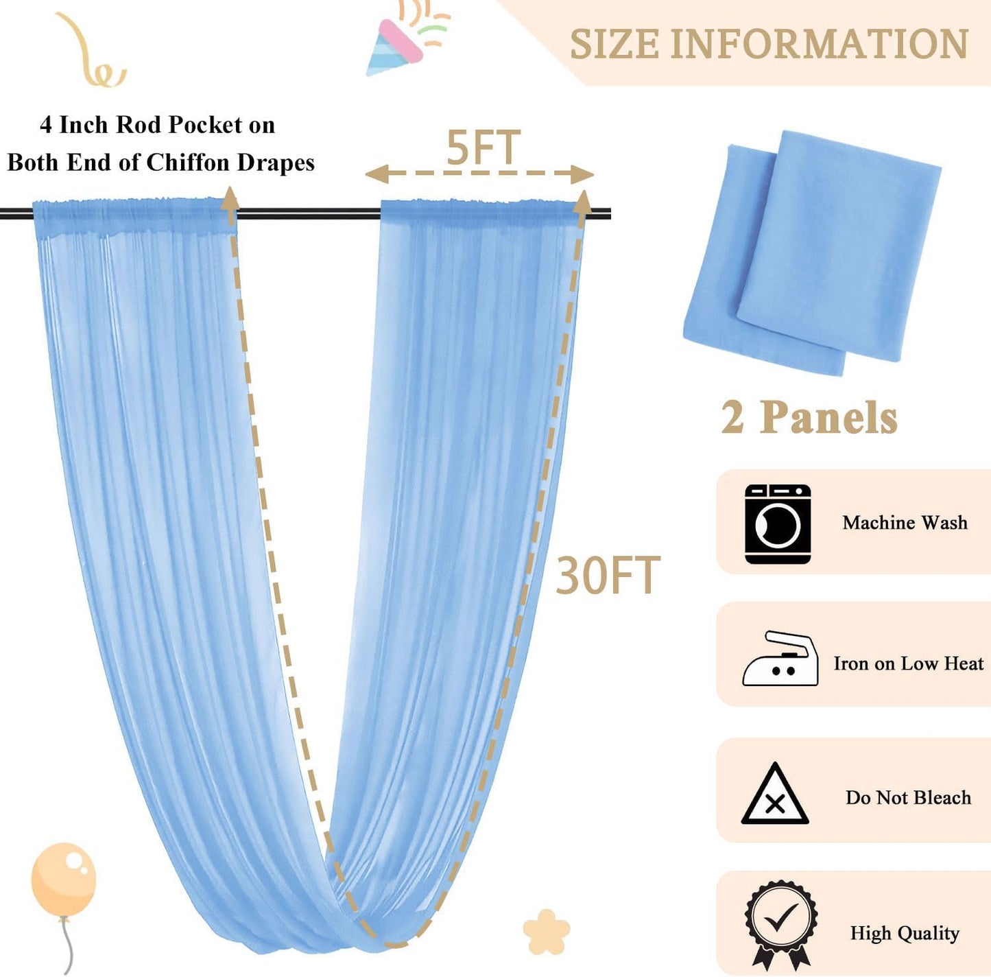 MODFUNS Light Blue Ceiling Drapes Wedding Arch Drapery 5x30ft 2 Panels Sheer Chiffon Curtain Drapes Tulle Ceiling Fabric Draping Fabric Vintage Wedding Ceremony Party Tent Ceiilng Drapes Supplies