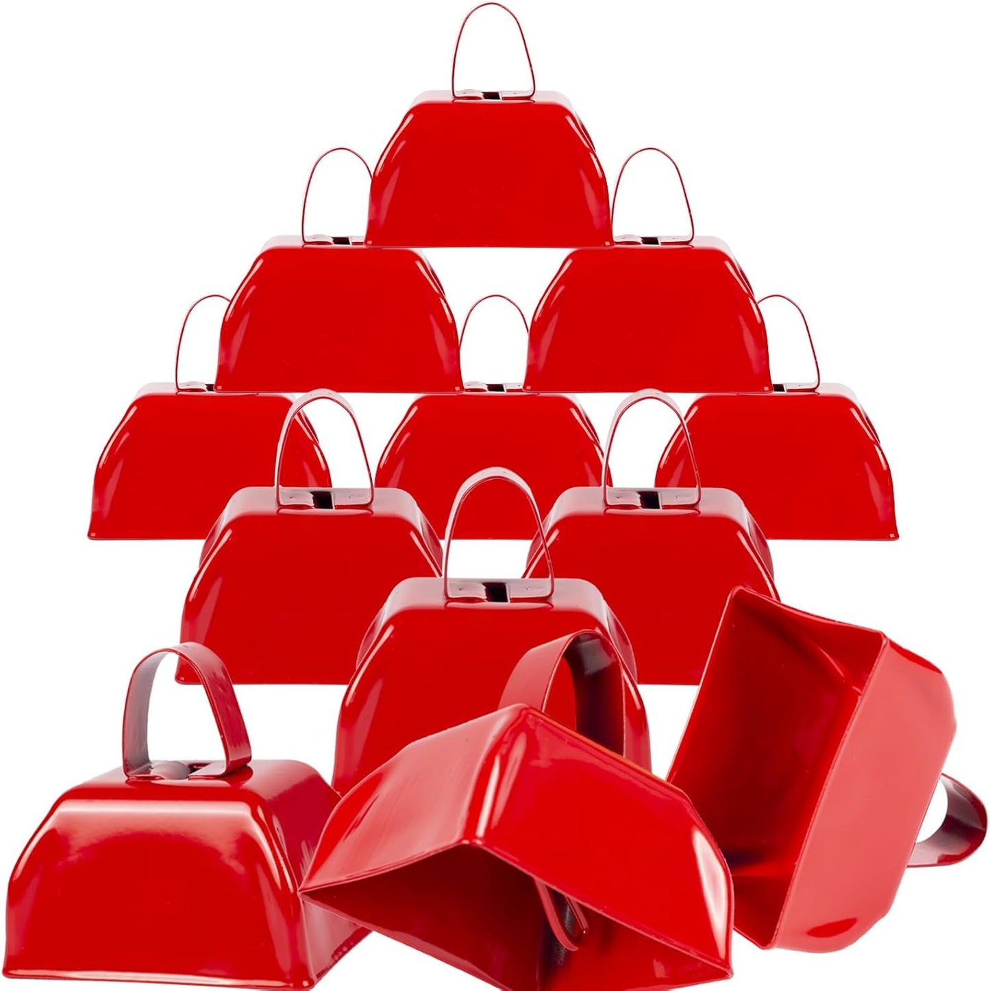 Cow Bells Noise Makers Red Cheering Bell for Sporting Events: 12 Pcs Metal Cowbells with Handle - Small Loud Bell Bulk Hand Percussion for Football Games Graduation Weddings-Red