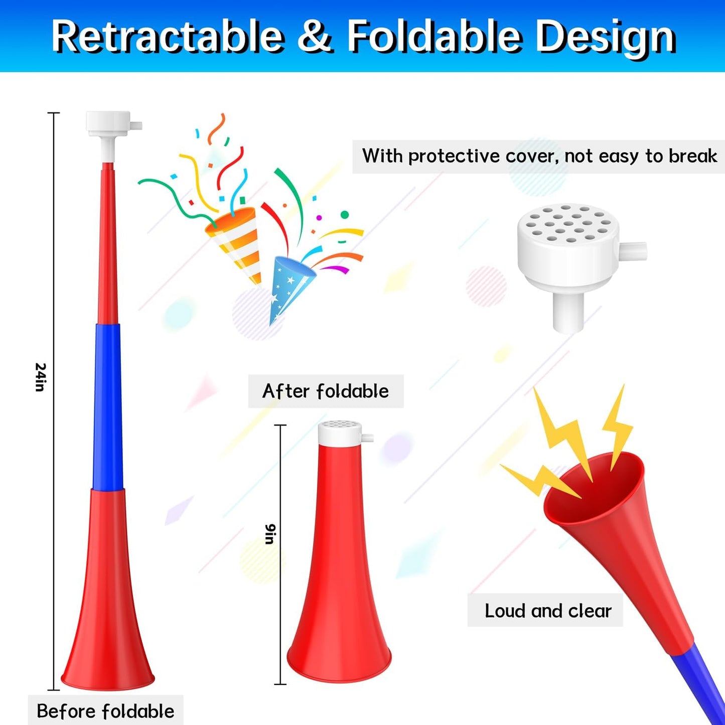 Collapsible Stadium Horn Noise Maker 24 Inch Vuvuzela Plastic Trumpet Horn Blow Horns Noisemakers for Sporting Events Graduation Games School Sports Party Supplies Favors Accessories