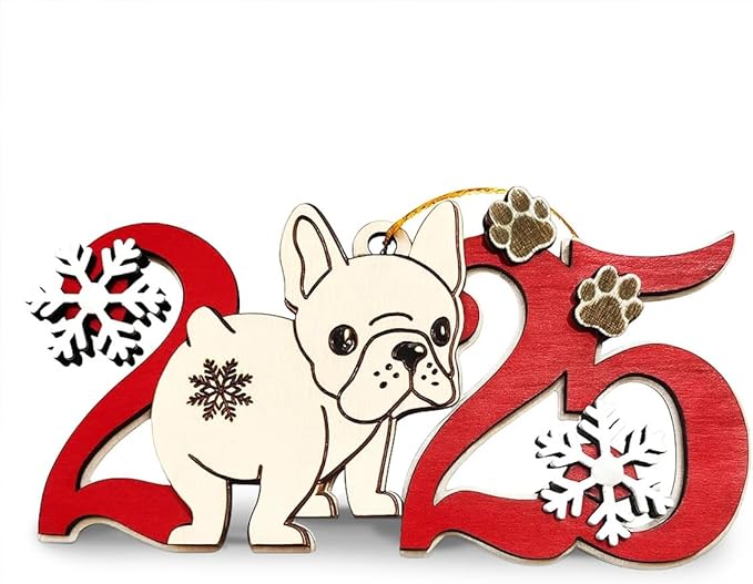 French Bulldog 2025 Christmas Ornament – Wooden Frenchie Dog Tree Decoration with Paw Prints & Snowflakes for Frenchie Lovers & Pet Owners