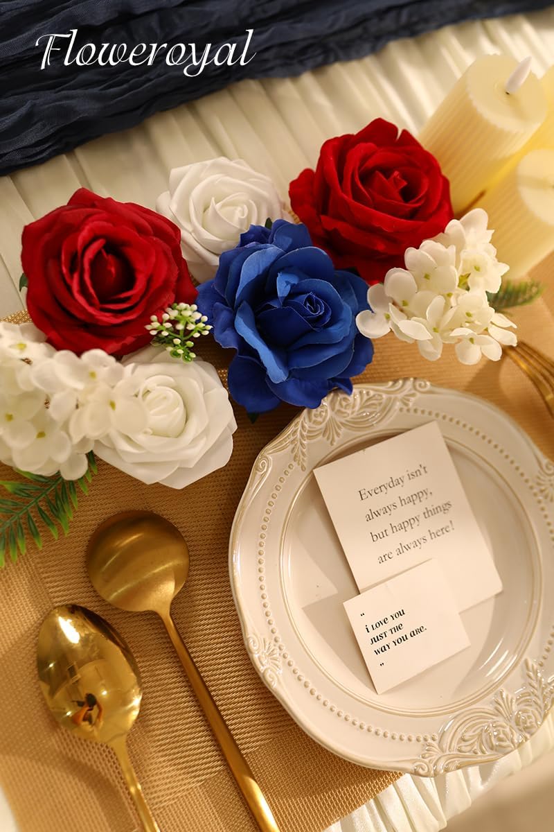 Floweroyal 4th of July Flowers Patriotic Flowers Fake Roses with American Flags for Independence Day, Memorial Day, Floral Arrangement, Table Centerpieces, Home Decorations (Red, Blue, White)