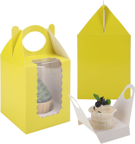 Individual Cupcake Boxes 4x4x5 Inches Disposable Pastry Tray Boxes, With Window Insert and Handle, Perfect for Parties, Birthdays, Bakery Wrapping and Events Containers (Yellow-25Pack)