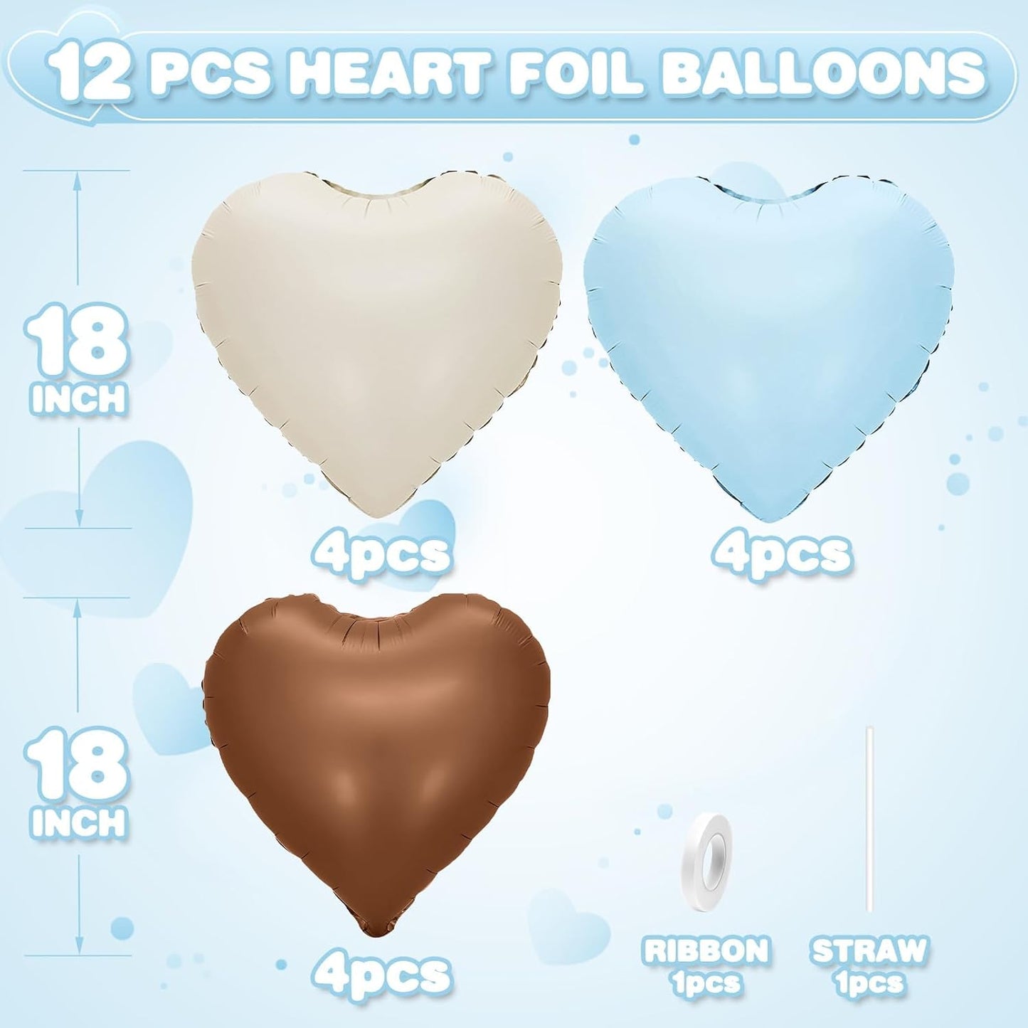 Blue Brown Heart Balloons,12Pcs 18Inch Baby Blue Coffee Brown Heart Shaped Foil Helium Polyester Film Balloons for Baby Shower Birthday Anniversary Wedding Engagement Bear Party Decorations