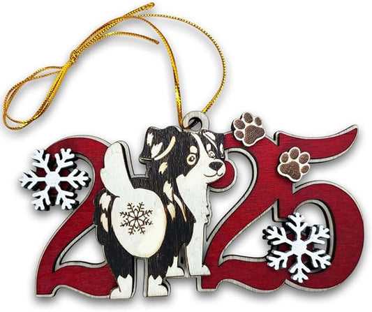 Australian Shepherd 2025 Christmas Ornament – Wooden Aussie Dog Tree Decoration with Paw Prints & Snowflakes for Aussie Lovers & Pet Owners