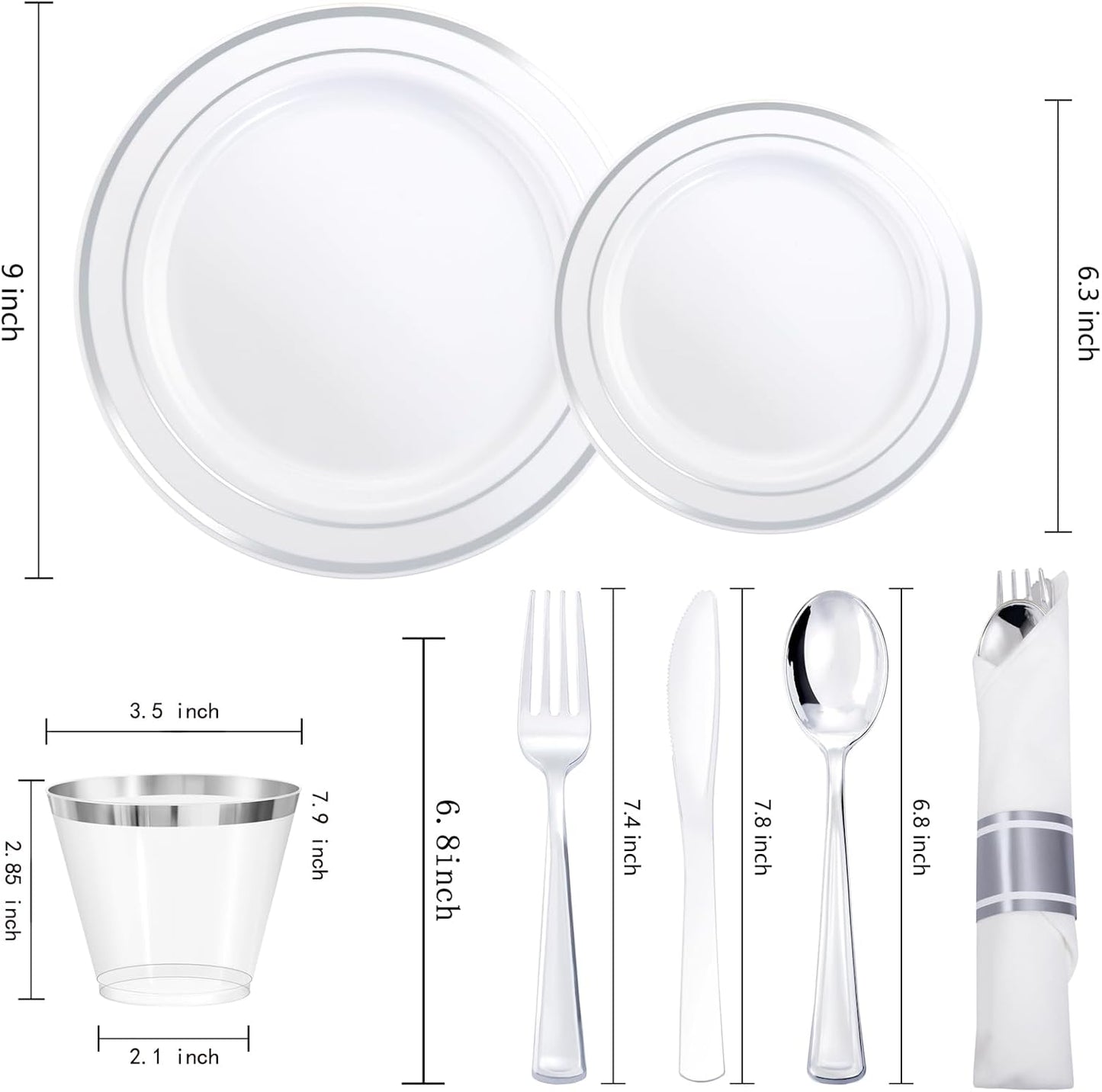 350Piece Silver Plastic Dinnerware Set for 50 Guests - Silver Plastic Plates with Cutlery Include:50Dinner Plates-50Dessert Plates-50Pre Rolled Napkins with Silverware for Christmas