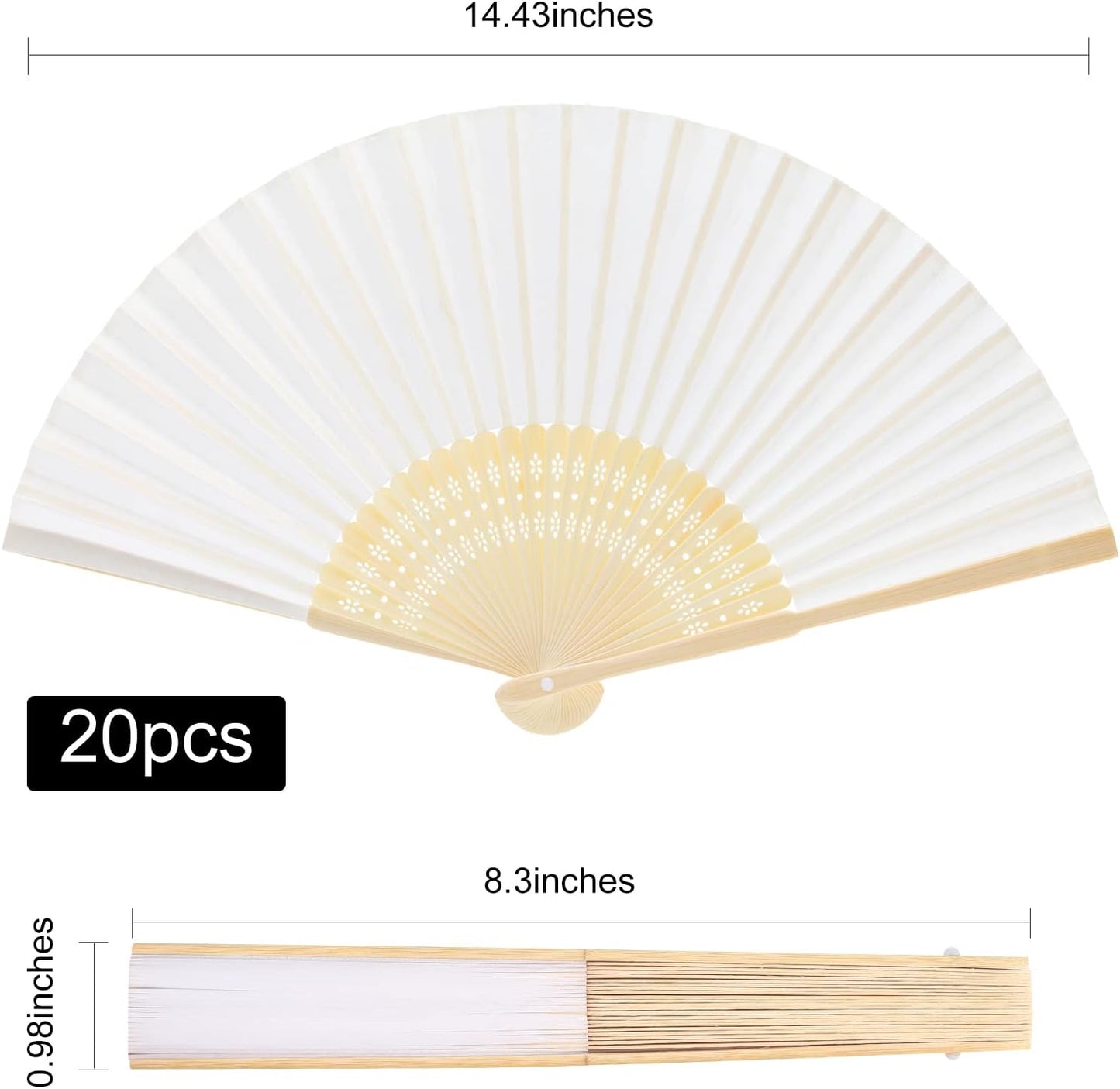 FEPITO 20 Pieces White Handheld Paper Fan Paper Folding Fans with Bamboos for Wedding Gift, Party, Home