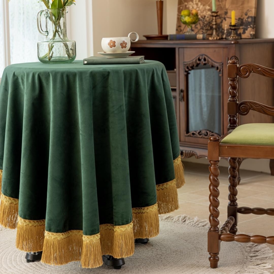 F-CHU Luxury Green Tablecloth Thickset Velvet Tablecloth with Beautiful Gold Tassels Vintage Table Cloth for Home Decor Wedding, Party, Banquet and Events 67" Round
