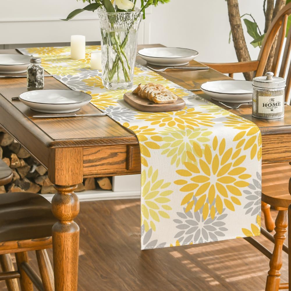 Artoid Mode Yellow Dahlia Floral Pinnata Summer Table Runner, Seasonal Spring Holiday Kitchen Dining Table Decoration for Home Party Decor 13x72 Inch