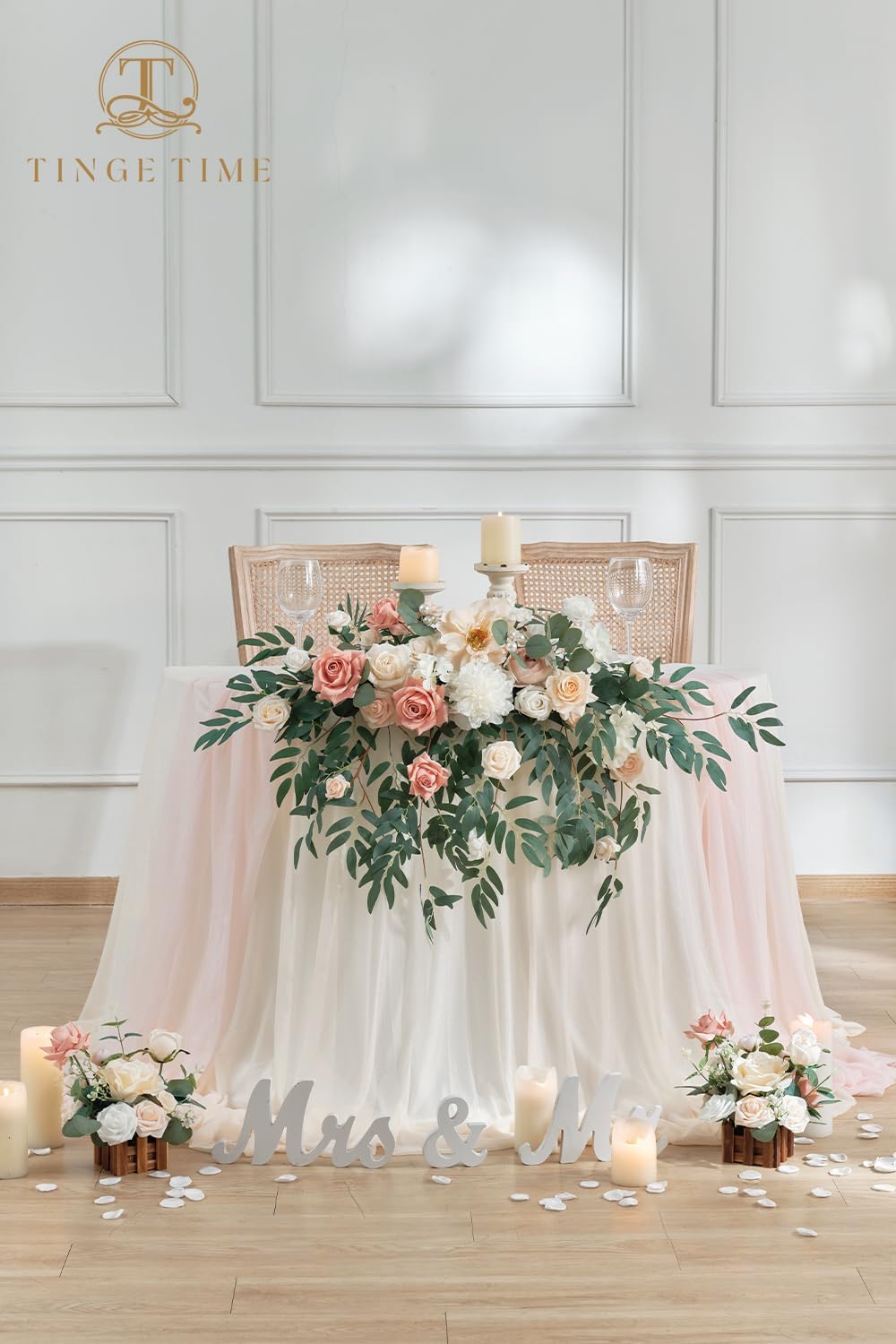 TINGE TIME Artificial Sweetheart Flower Swag with Table Cloth and Table Runner, Pack of 3 Floral Arrangement for Wedding Sweetheart Table Centerpiece Decoration (Dusty Rose & Champange)