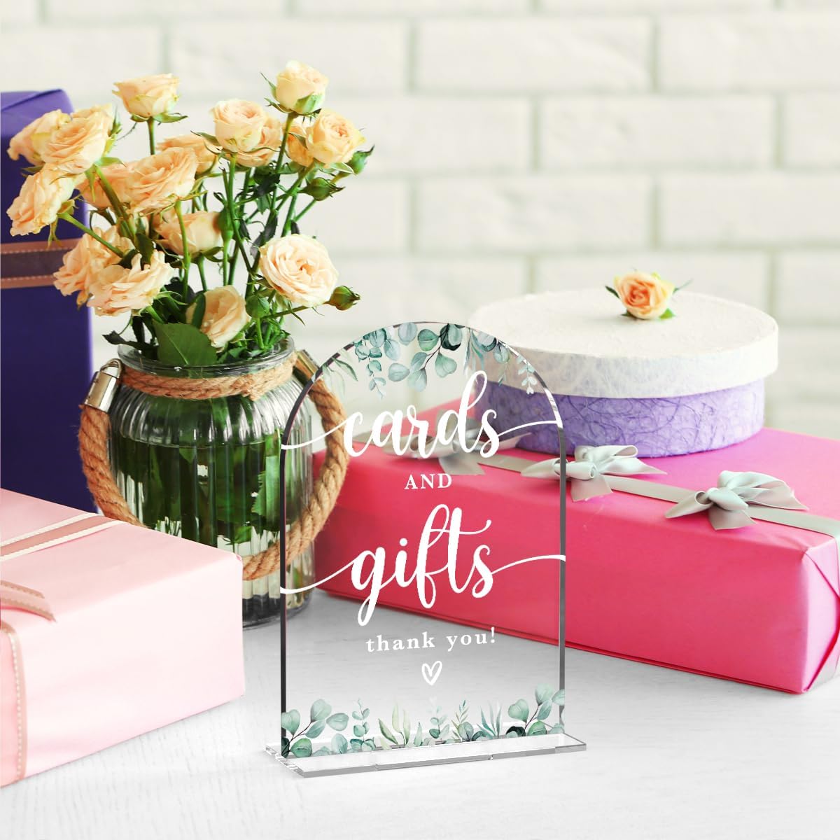 Acrylic Wedding Sign Cards and Gifts Signs Ceremony Modern Calligraphy Arch Acrylic Table Top Signs for Wedding Reception and Event Party Table Decor (Eucalyptus Leaves)