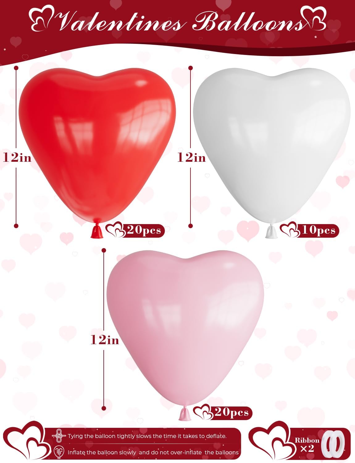 50 Pcs Heart Shaped Balloons, 12 Inch Romantic Valentine Balloons Kit, Red Pink and White Balloon for Wedding Anniversary Engagement Valentines Day Decor