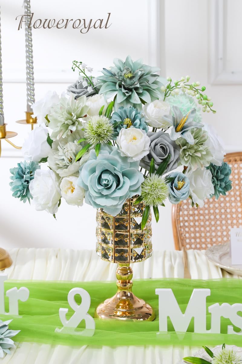 Floweroyal Artificial Flowers Combo Teal Blue Flowers Mix Silk Flowers Dahlia Roses with Stems for DIY Wedding Bridal Bouquets, Baby Shower, Floral Arrangement, Table Centerpieces, Home Decorations.