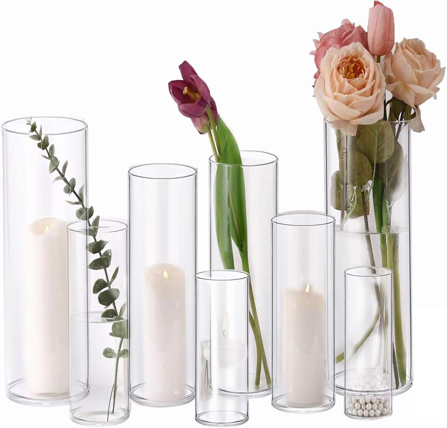 PHOSPHOR 8 PCS Glass Candle Holder, Hurricane Candle Hoder, Glass Pillar Candle Holder, Clear Cylinder Candleholder Cylinder Vase for Centerpieces Wedding Party Decoration