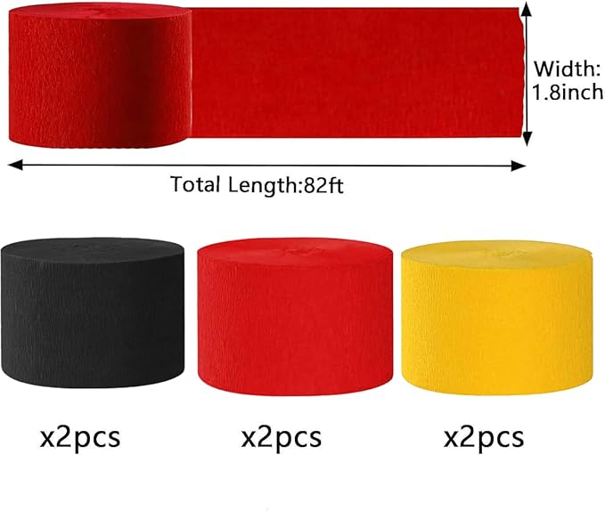 We Moment Black Red and Yellow Crepe Paper Streamers Party Streamer 1.8 Inch Widening 6 Rolls,Black Red Yellow Party Streamer 82 feet per roll for Birthday Party Decorations