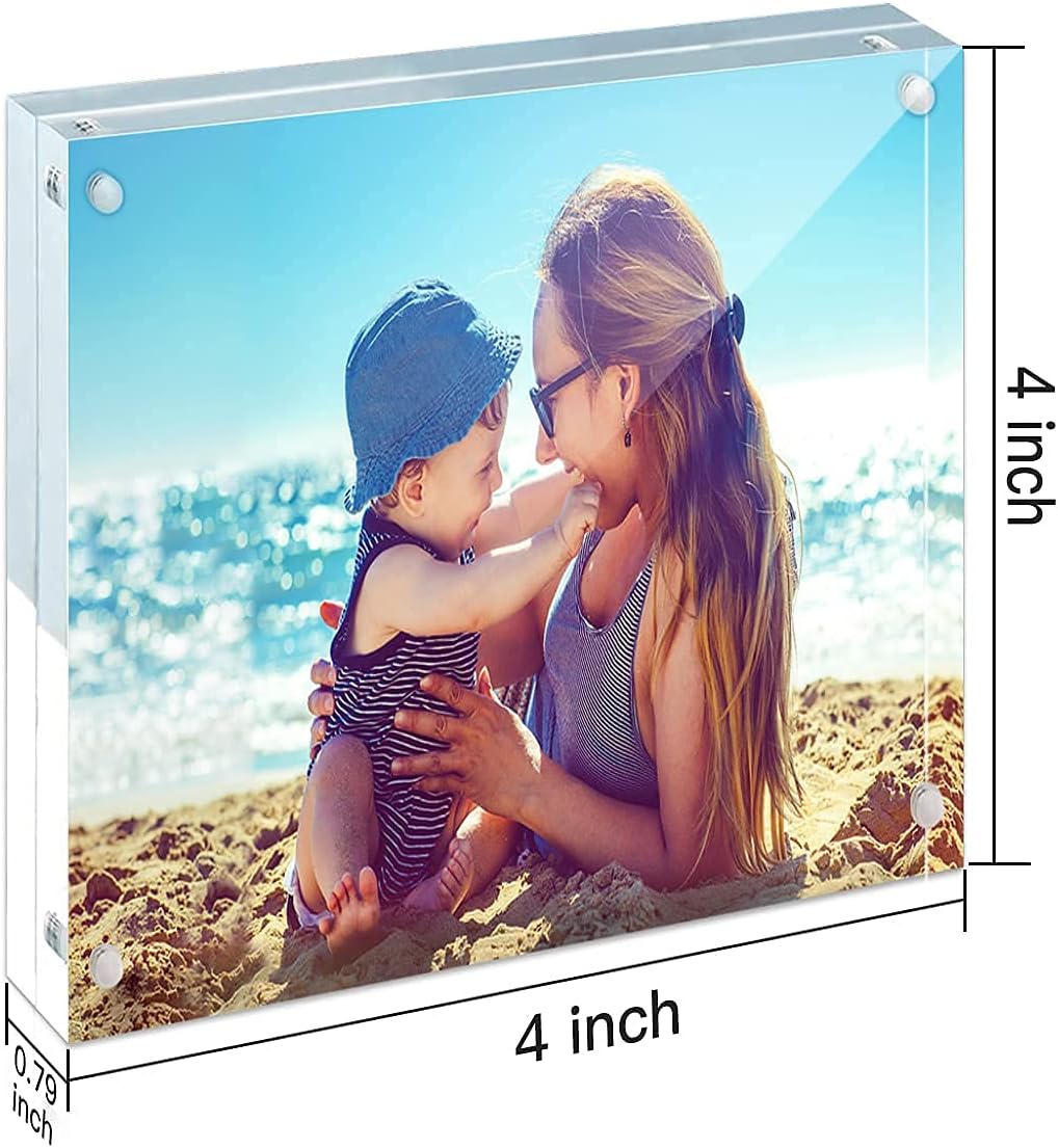 HELPLEX Acrylic Frames, 2 Pack 4x4, 20mm Thicker Frameless Clear Frame, Double Sided Magnetic, Free Standing Desktop Display