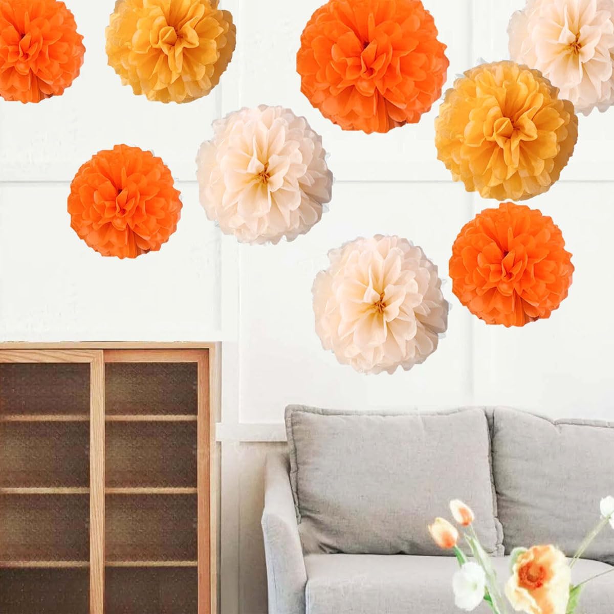 Yangeey 12pcs 8in 10in Paper Pom Poms Orange Tissue Paper Flower Hanging Paper Flower Balls Wedding Party Flower Decorations DIY Art Craft Blooms for Birthday Baby shower nursery decor