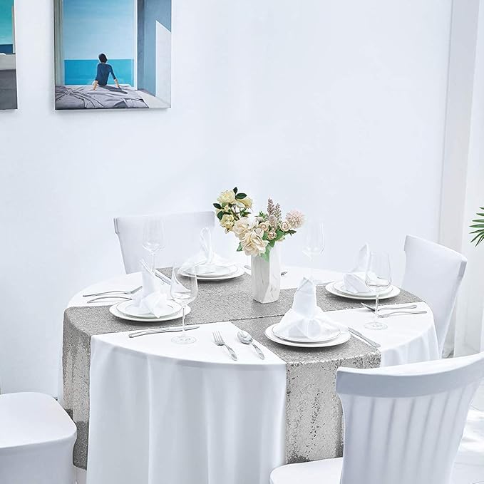 6 Packs 12 x 72 inches Silver Sequin Table Runner, Glitter Runner for Birthday Party Supplies Decorations Wedding Bachelorette Holiday Celebration Bridal Shower Baby Shower