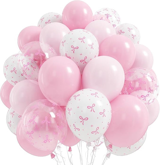 Pink Bow Balloons 12 Inch Pastel Light Baby Pink White Coquette Balloon Bow Print Party Balloon for Girls Women Princess Bridal Baby Shower Coquette Birthday Theme Wedding Anniversary Decor