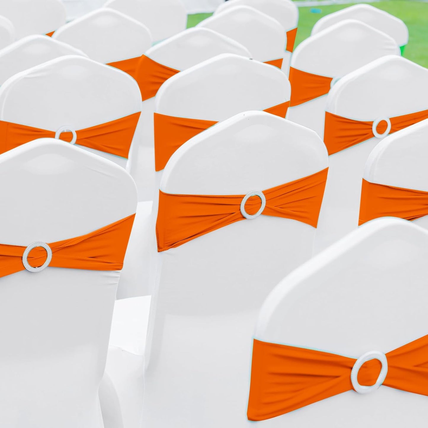 CHENGU 150 Pieces Spandex Stretch Chair Sashes Bows Elastic Chair Cover Bands Ties with Buckle Slider for Wedding Party Reception Events Universal Ceremony Banquet Decorations (Orange)