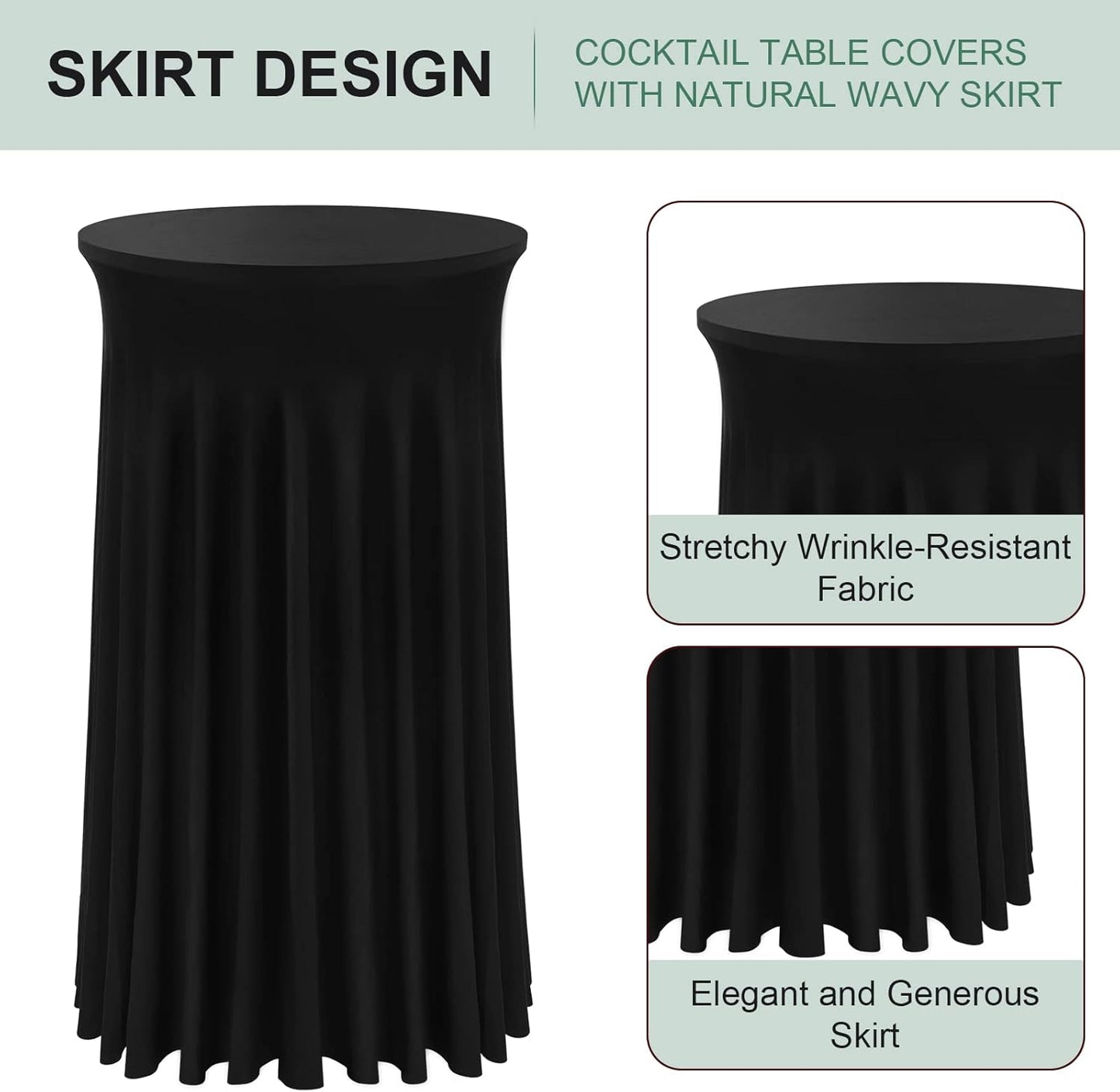 Cocktail Table Covers - 2 Pack 24"x 43" Black Cocktail Table Tablecloth with Natural Wavy Round Skirt for Bar Wedding Party Banquet