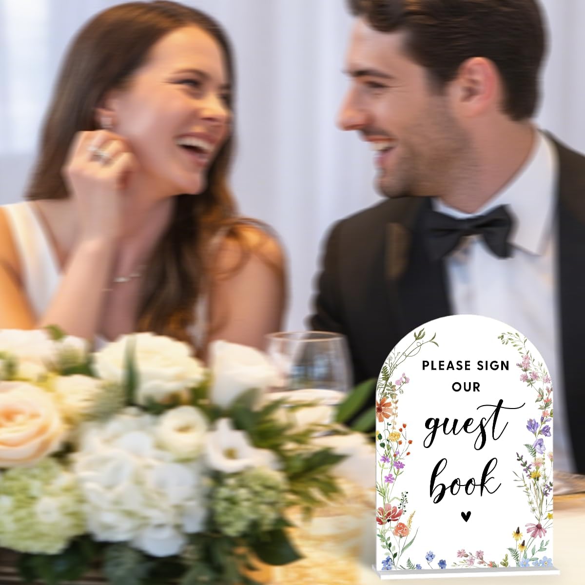 Acrylic Wedding Signs, Bridal Shower Decorations, Modern Arched Round Top Acrylic Table Top Sign with Holder for Wedding Reception Party Dinner - Please Sign Our Guestbook (White Wildflowers)