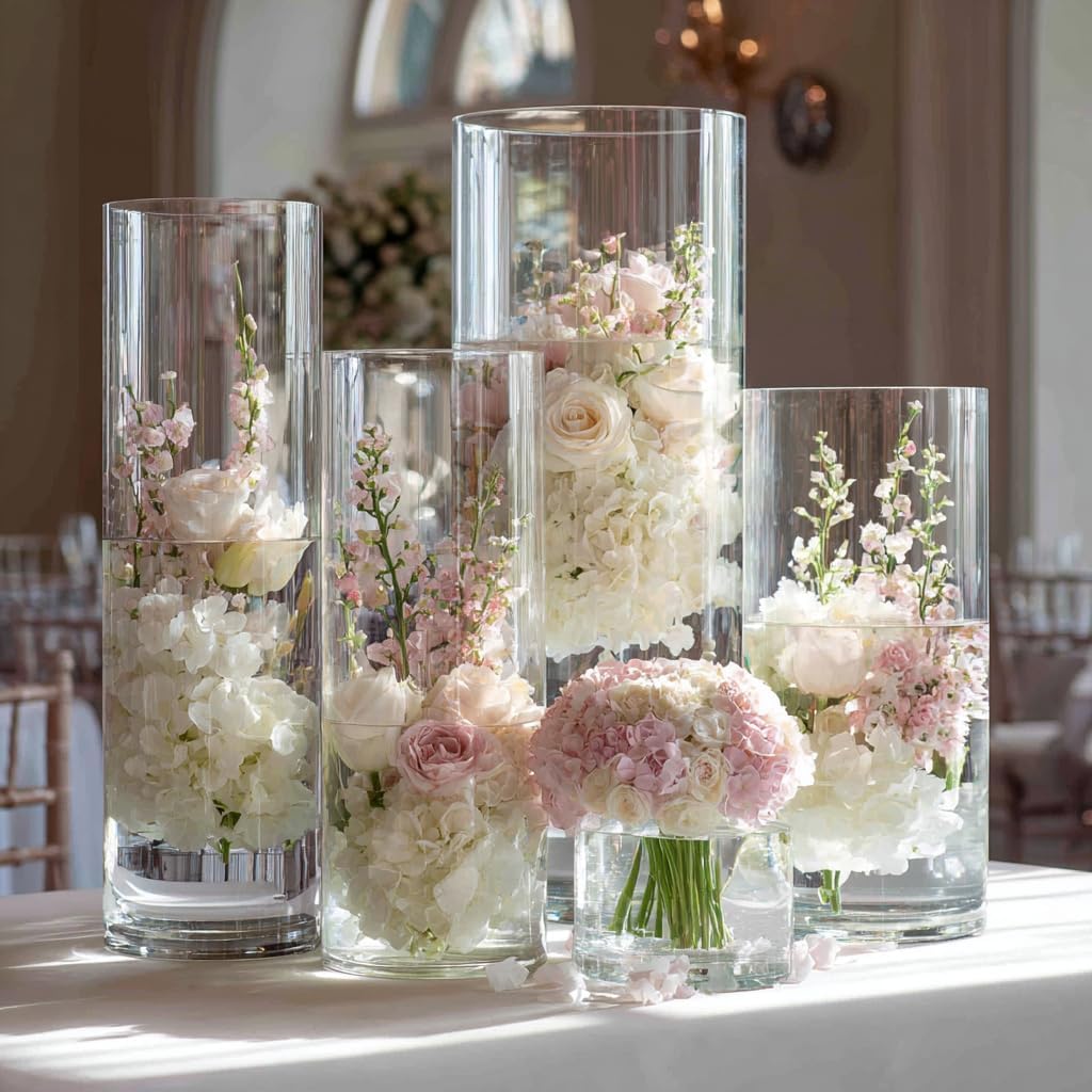 30pcs Glass Vase for Centerpieces, 4,6,7.5,8,10 inch Tall Clear Cylinder Flower Vase Bulk Floating Candle Holder for Wedding Table Home Décor and Party