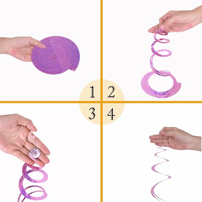 30 Pieces Pink Hanging Swirl Decorations Plastic Streamers Foil Swirls Ceiling Decorations Metallic Holiday Photo Backdrop for Girls Princess Baby Shower Babbie Mermaid Themed Birthday Party Supplies