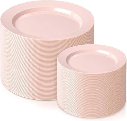 FLOWERCAT 200PCS Pink Plastic Plates Disposable Plates for Party - Heavy Duty Plastic Plates - 100 10" Pink Dinner Plates and 100 7" Pink Salad Plates for Weddings, Easter Parties,Mother's Day