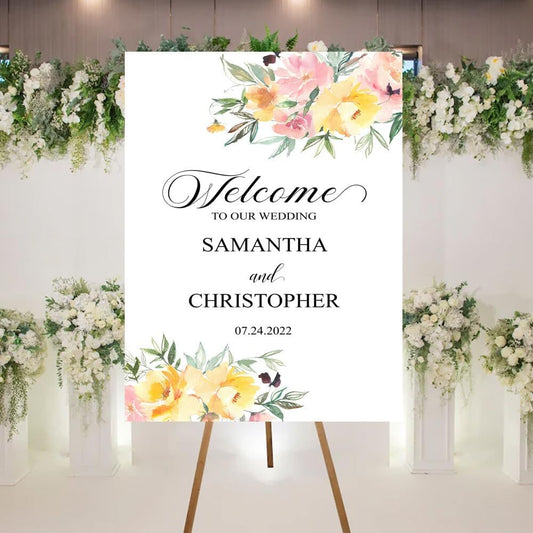 Welcome To Our Wedding Sign, Wedding Welcome Sign, Wedding Ceremony Welcome Sign, Spring Floral Wedding Ceremony Welcome Sign, Yellow and Pink Flowers, Customized Wedding Welcome Sign