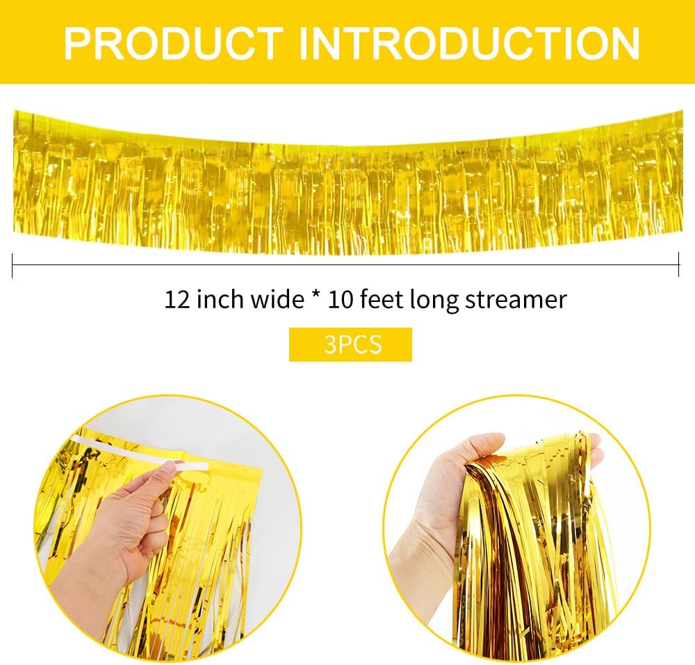 BEISHIDA 3 Packs 30 Feet Metallic Foil Fringe Garland Tinsel Streamers，Shiny Gold Wall Hanging Tinsel Fringe Banners for Wedding Birthday Party Decoration Halloween Christmas New Year