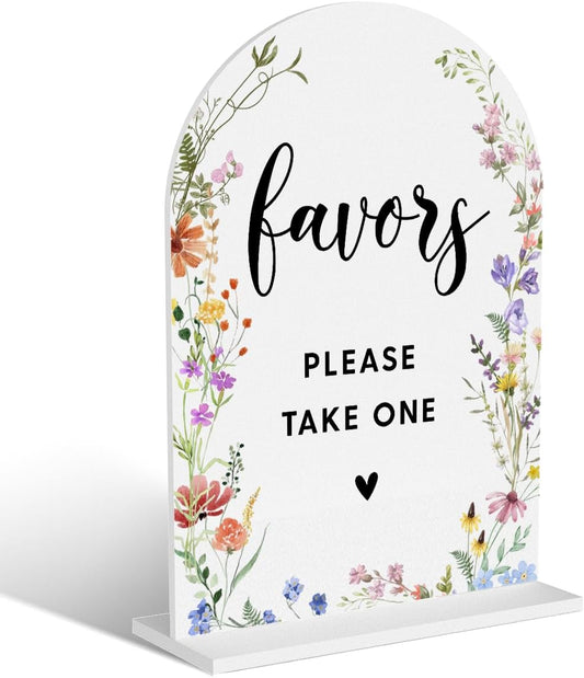 Acrylic Wedding Signs, Favors Please Take One Signs for Marriage Reception, Bridal Shower Decorations, Modern Arched Round Top Acrylic Table Top Sign with Holder for Wedding Party (White Wildflowers)