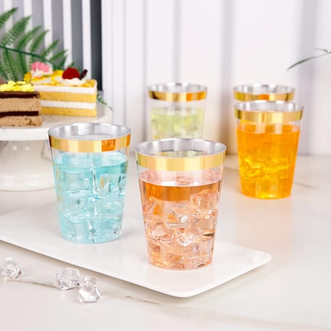 I00000 200 Pack Gold Plastic Cups, 10 oz Clear Plastic Cups Gold Rimmed Disposable Wine Glasses Fancy Disposable Party Cups Wedding Cup Drinking Tumblers Cocktail Glasses with Gold Rim