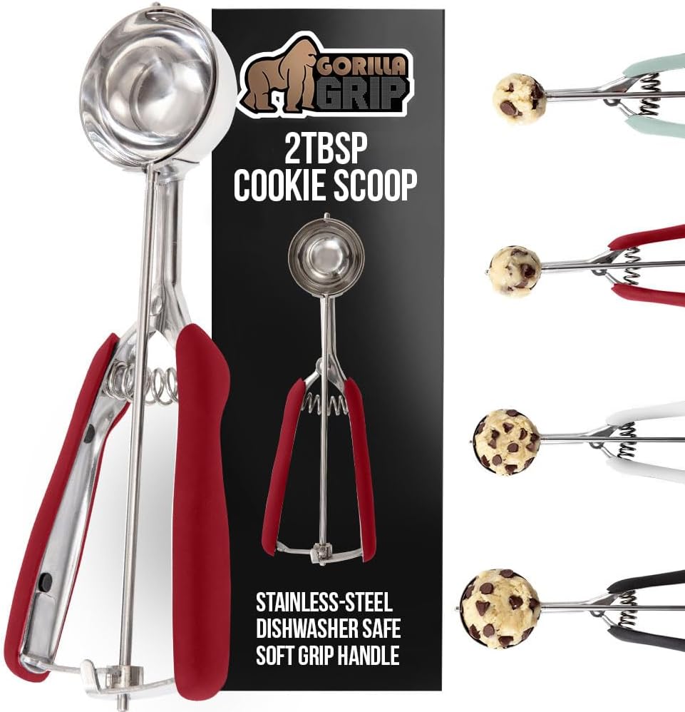 GORILLA GRIP Stainless Steel Cookie Scoop for Baking, 2 TBSP, Multipurpose Melon Baller, Meatball Spring Scoops, Perfect Portion Sizes, Easy Food Release, Scooper Size 40, BPA-Free Kitchen Tool, Red