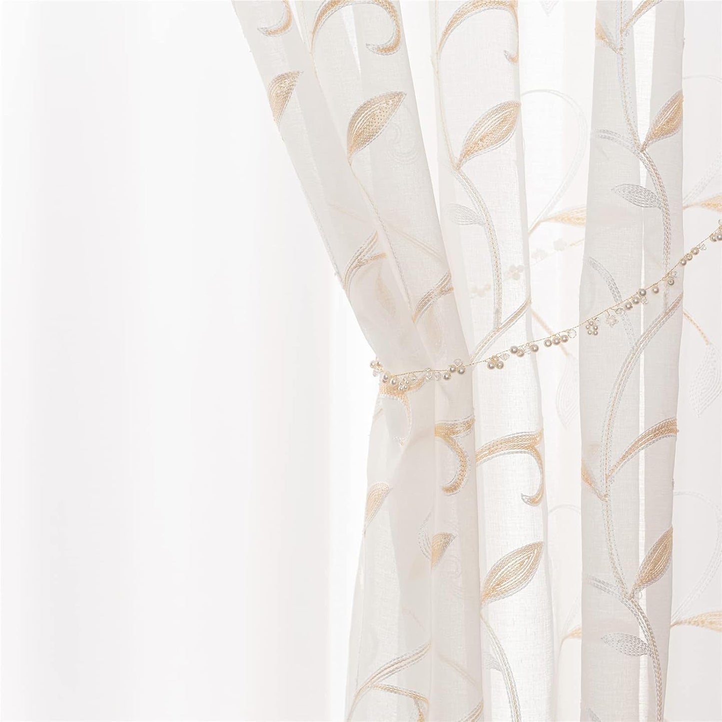 VISIONTEX White Sheer Voile Curtains, Decorative Beige Leaves Embroidery Faux Linen Rod Pocket Window Drapes for Home Kitchen, Living Room and Bedroom 54 x 84 Inch, Set of 2 Curtain Panels