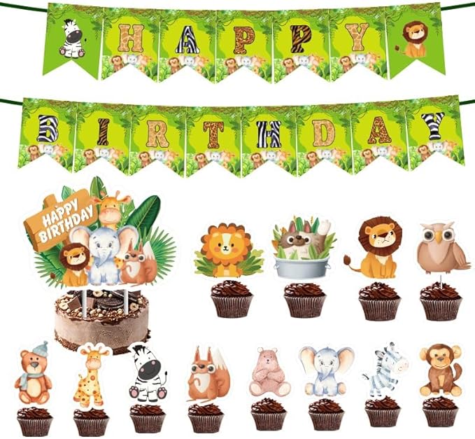 Safari Jungle Animal Birthday Party Decorations – 32 PCS Happy Birthday Banner, 18 Balloons, 12 Cupcake Toppers & 1 Cake Topper – Safari Party Supplies for Kids Boys Girls, Baby Shower, Zoo Theme