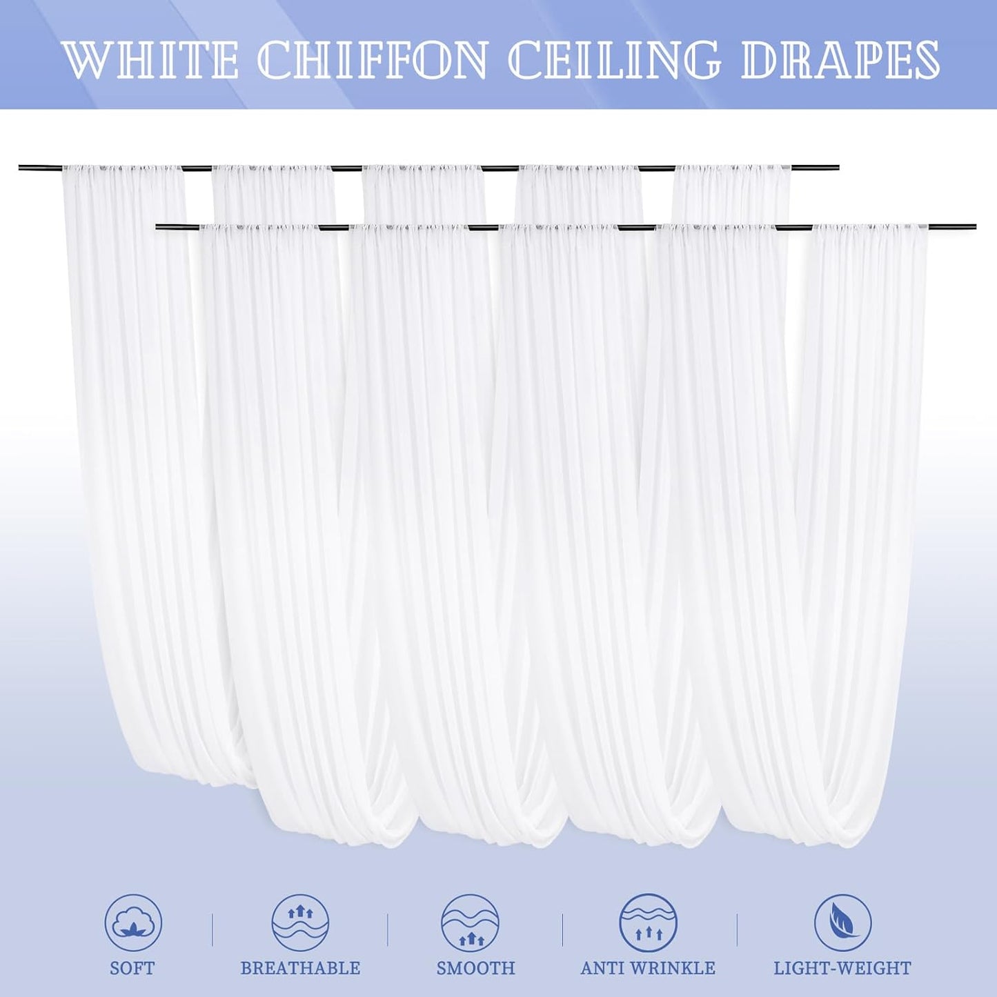 8 Panels White Ceiling Drapes for Wedding 5ftx20ft Chiffon Fabric Arch Draping Curtains for Party Ceremony Birthday Baby Shower Reception Stage Ceiling Decorations