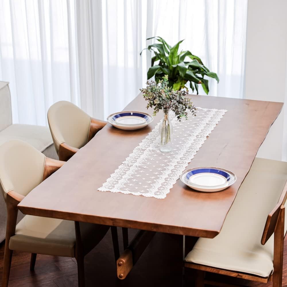 Inicia Table Lace Runner 12×50 inch Embroidered for Holiday Wedding Picnic Daily Dinner Tables White Decor (Polyester, 12"×50" (31cm×130cm))